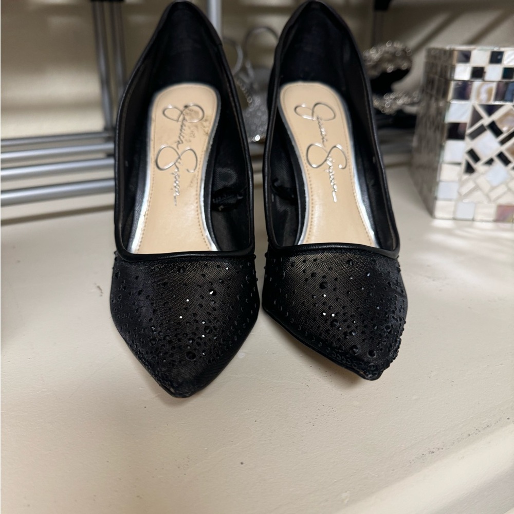 Jessica Simpson Black Pumps Mesh Rhinestone Heels Size 7 Pylise Style NEW